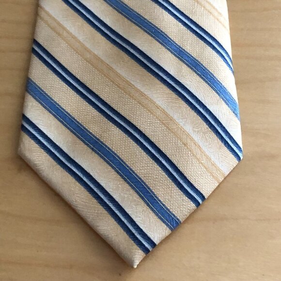 Vintage Pierre Cardin Silk Jacquard Yellow Gold Navy & Light Blue Striped Tie - Picture 4 of 6